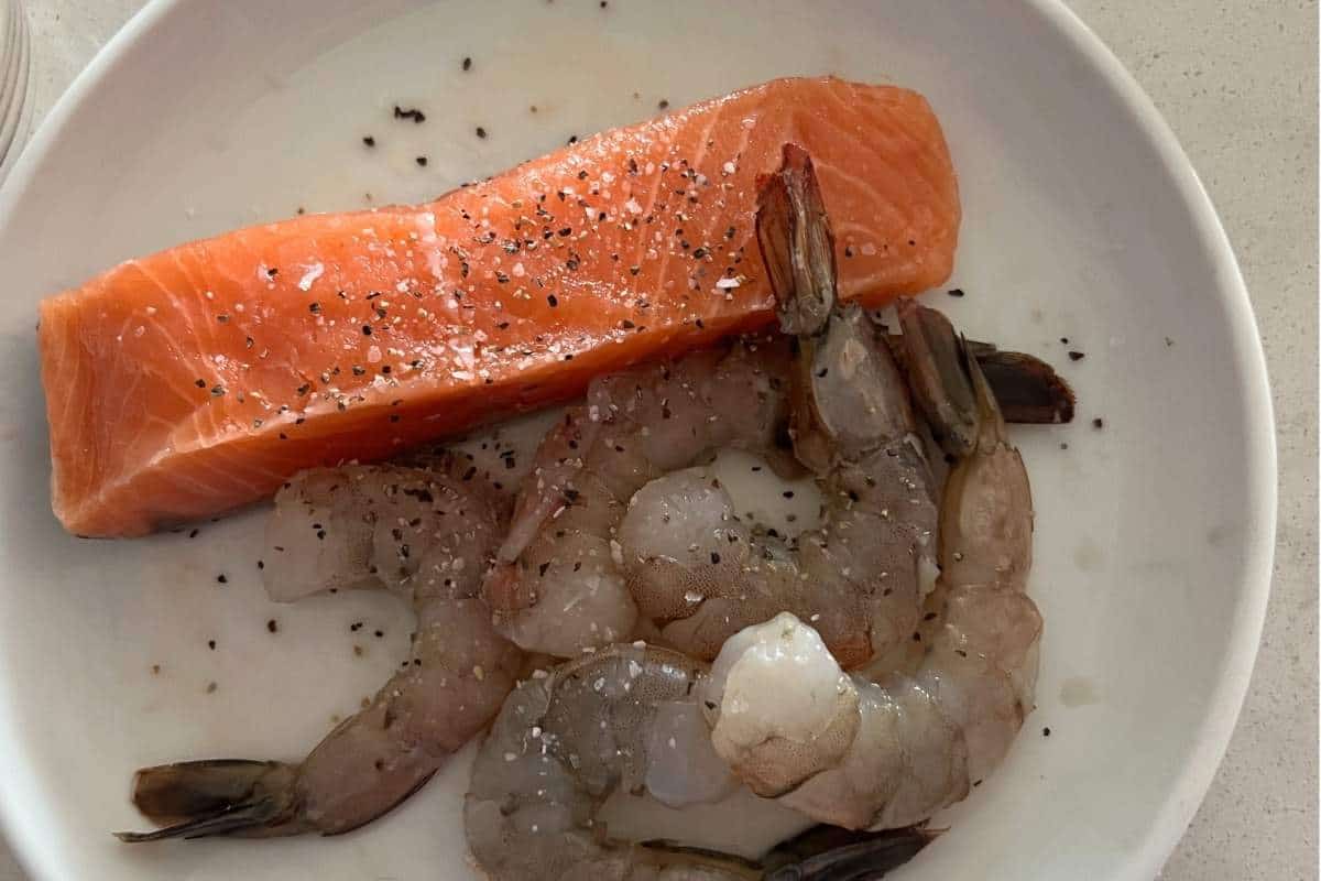 Seasoned salmon and shrimp.
