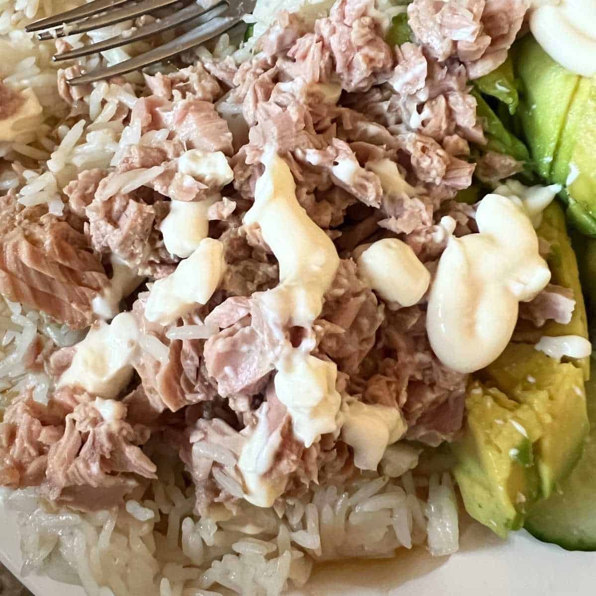 A colorful tuna rice bowl topped with sliced avocado and fresh cucumber on a bed of white rice, drizzled with sesame oil and soy sauce, and garnished with sesame seeds and green onion in a white ceramic bowl.