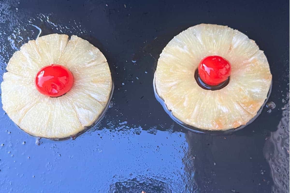 Pineapple and cherry for upside down pancakes.