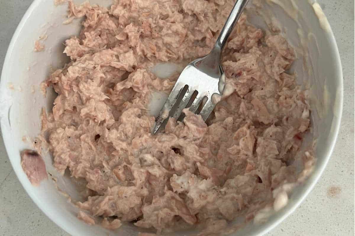 Mixed tuna and mayo in a bowl. 