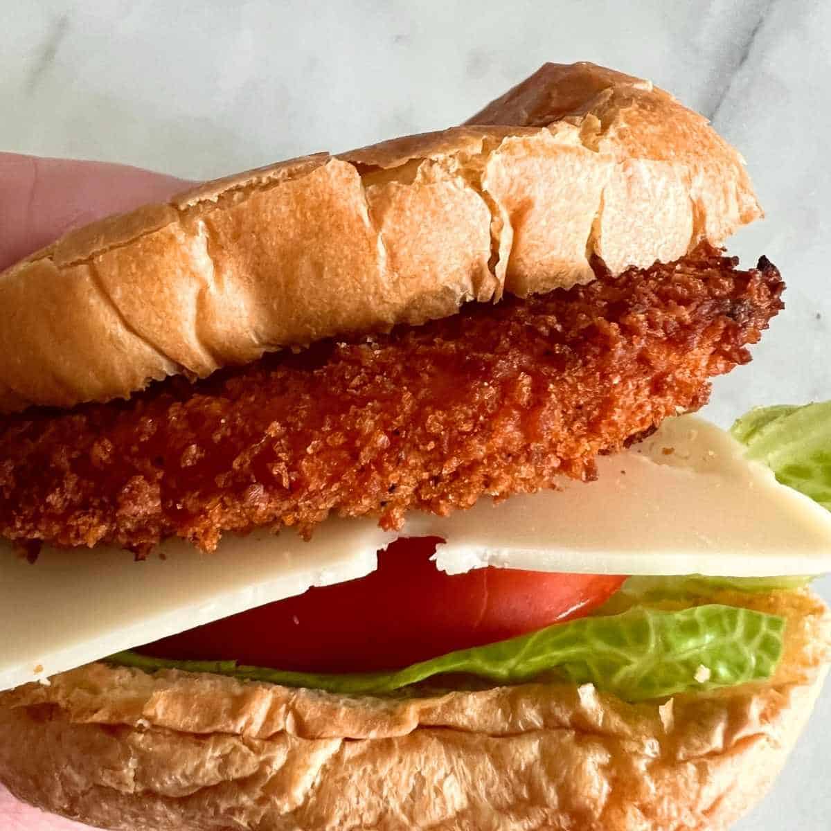 Crispy air fryer chicken sandwich served on a brioche bun.