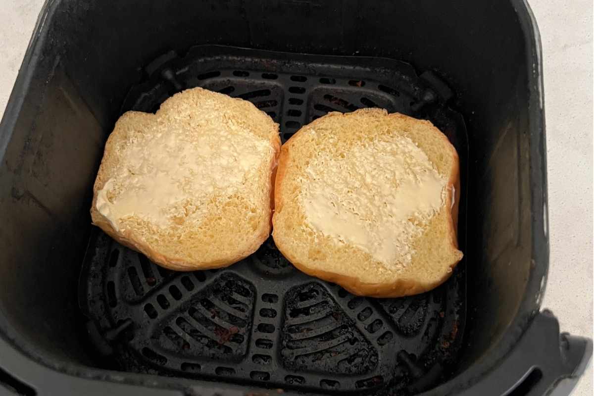 Toasted brioche buns in air fryer.