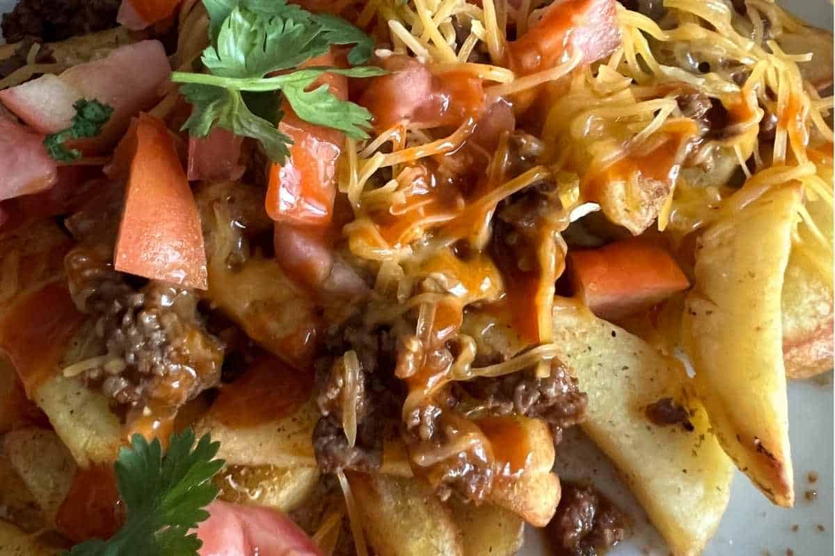 Loaded fries topped with all the toppings.