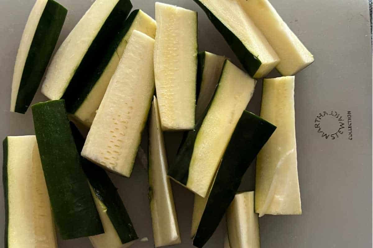 Sliced up zucchini fries ready for air fryer.
