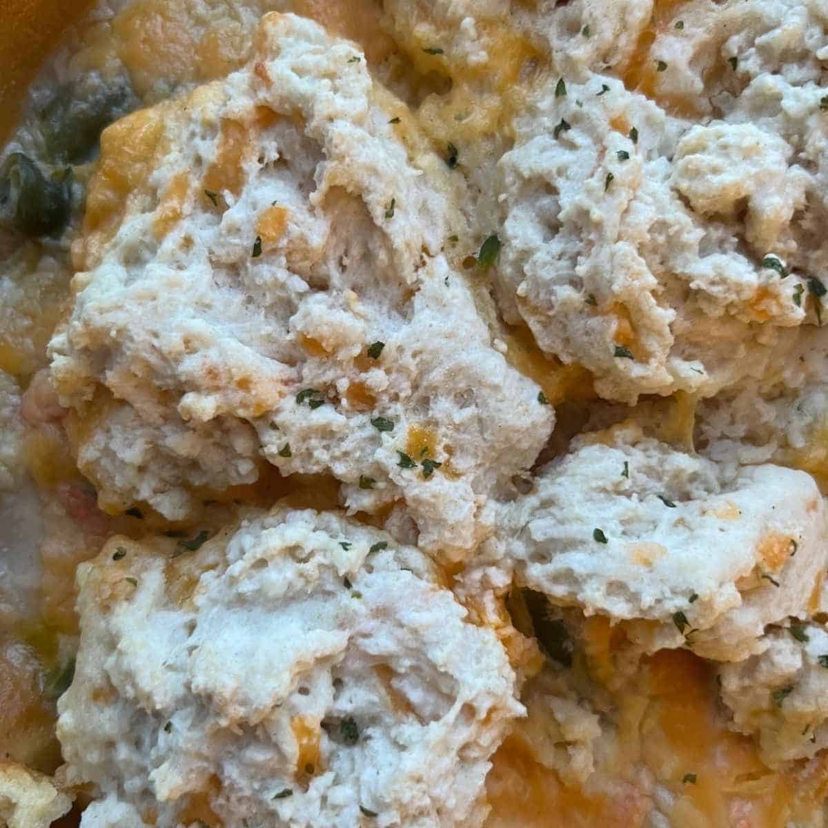 Garlic Cheddar Biscuits on top of chicken pot pie casserole.