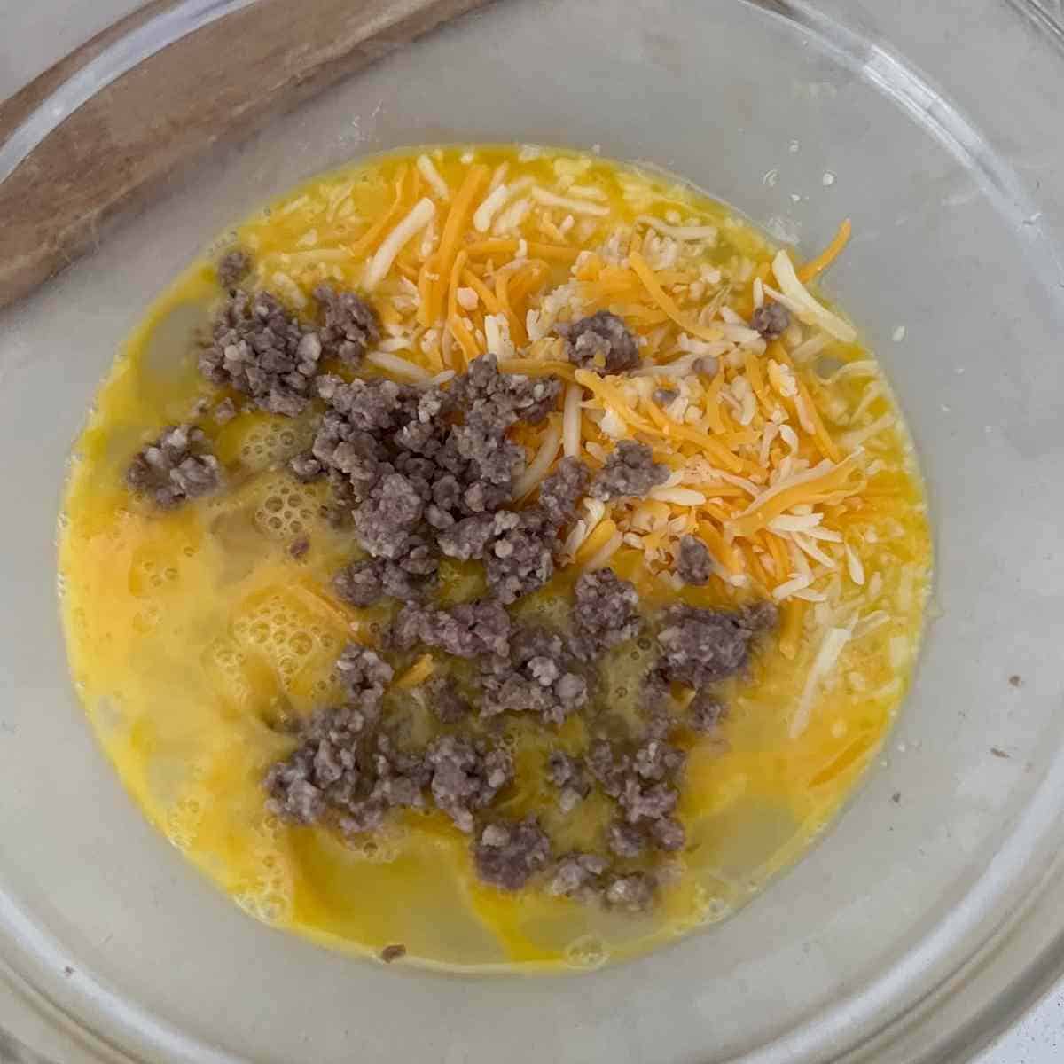 Egg mixture mixed together in a bowl. 