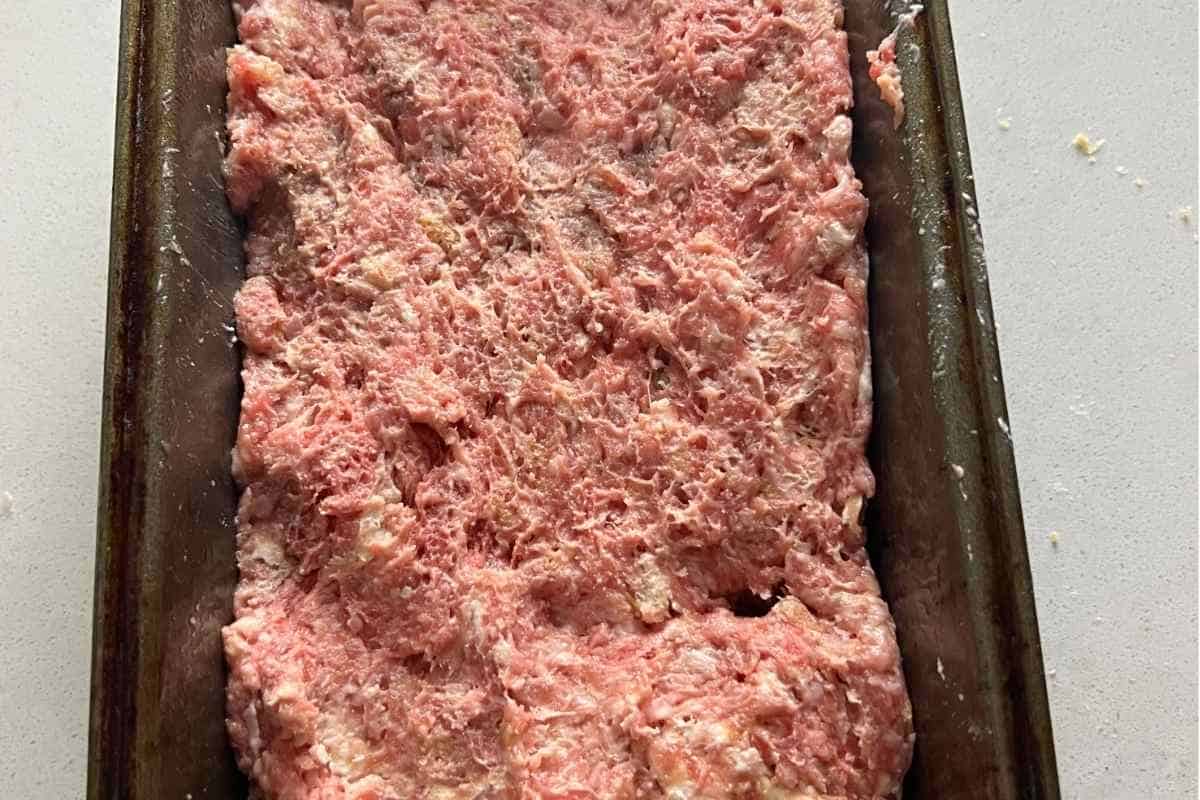Mixture for carnivore meatloaf in a loaf pan. 