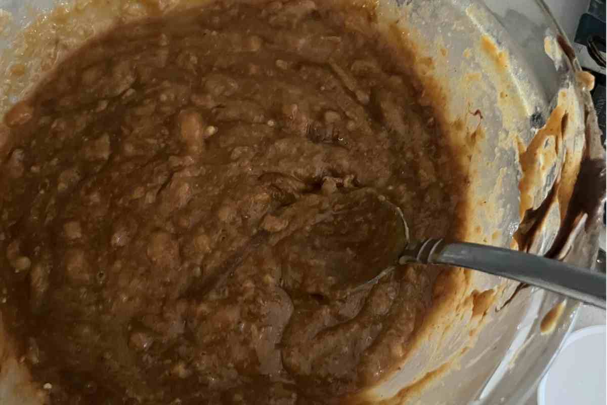 Mixed brownie batter in a bowl.