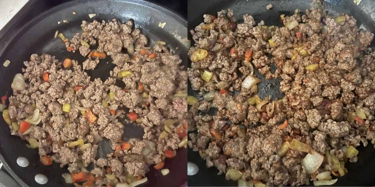 Veggies and beef cooking for dirty spaghetti. 