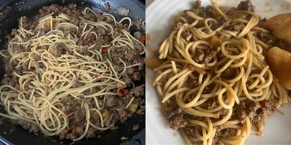 Noodes with beef and vegetables for dirty spaghetti. 