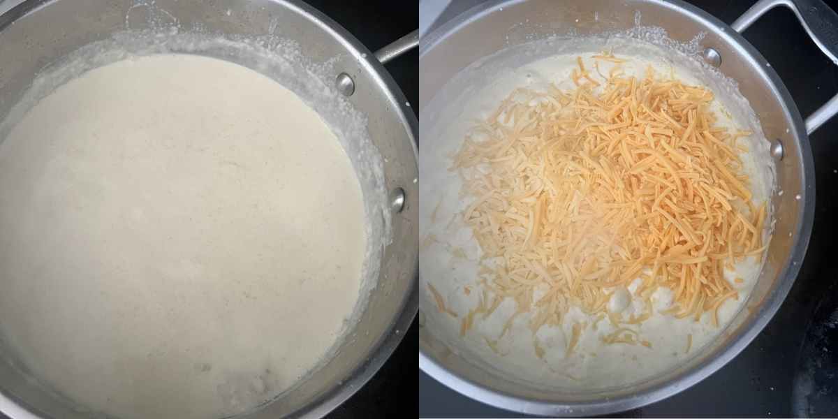 Sauce pan with melted cheese and combined milk. 