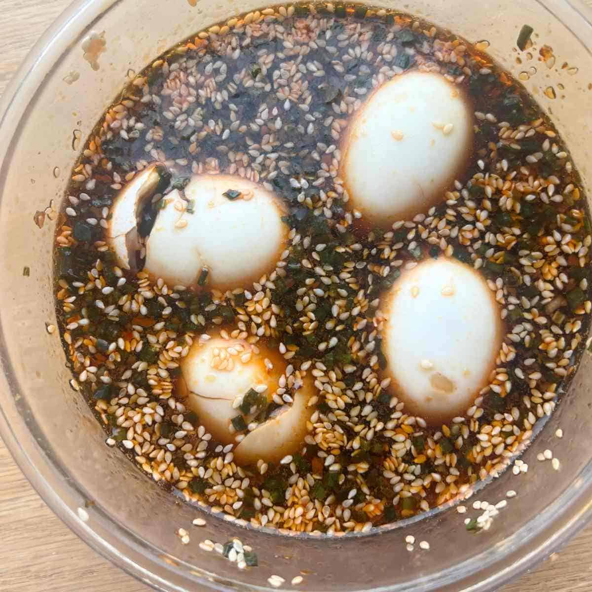 Jammy eggs marinated in soy sauce. 