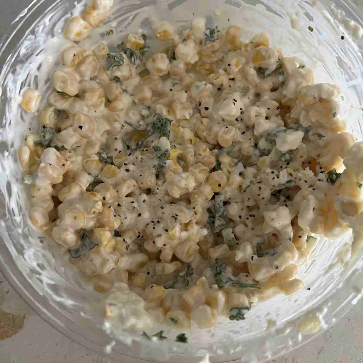 Mexican street corn in a dish. 