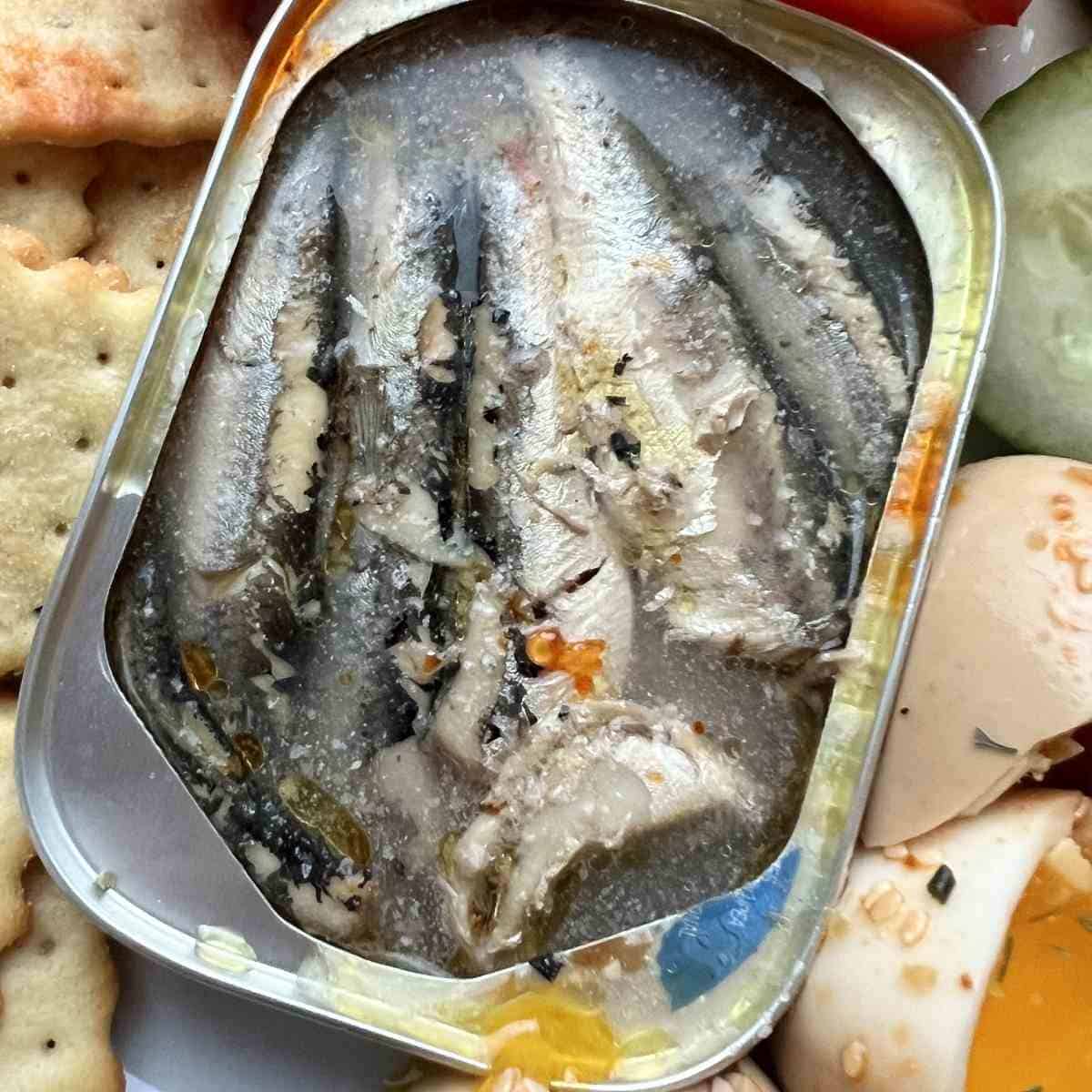 Can of sardines sitting on a plate. 