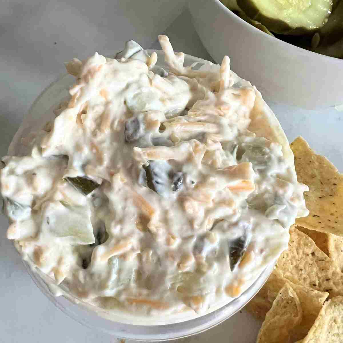 Grillo's pickle dip in a container. 