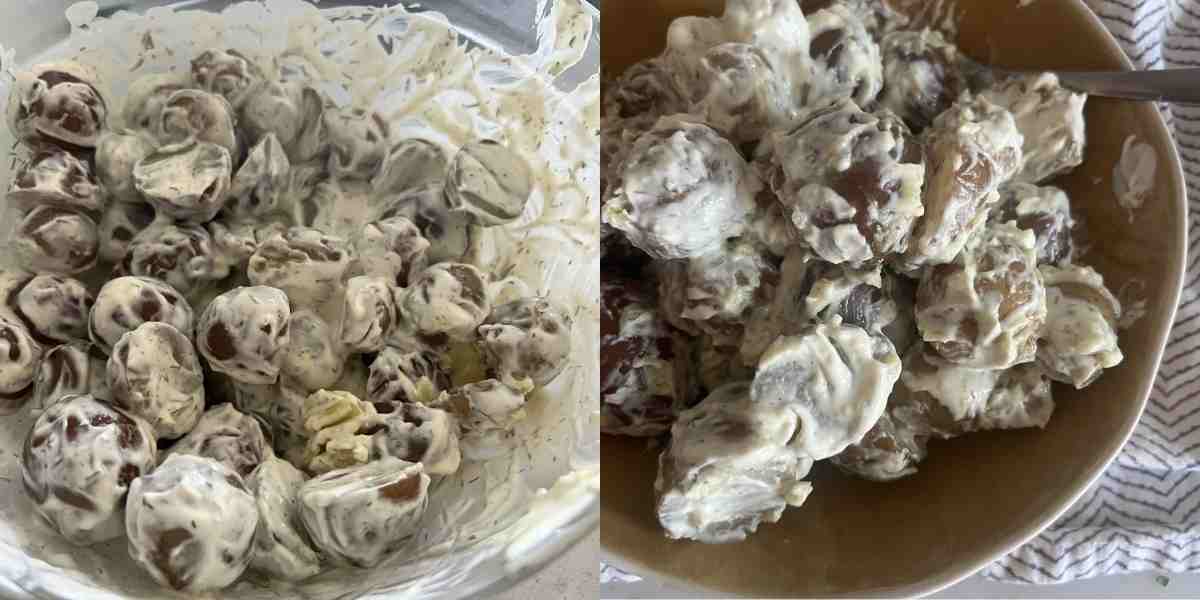 Finished potato salad in a bowl. 