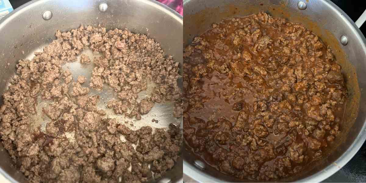 Ground beef and marinara in a pan.