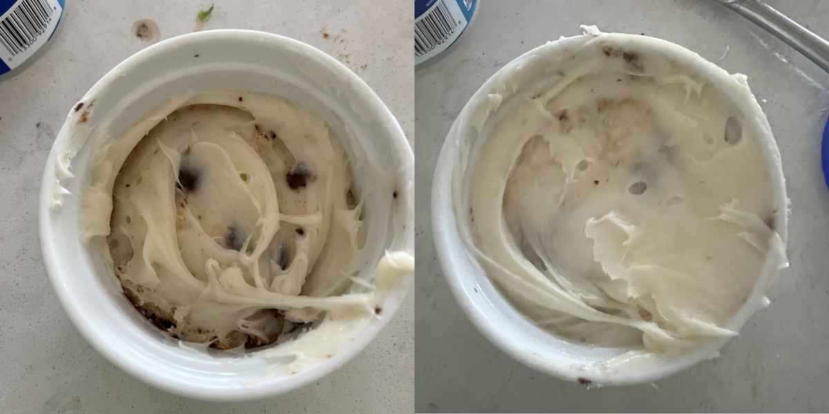 Layered cake and frosting in a small ramekin. 