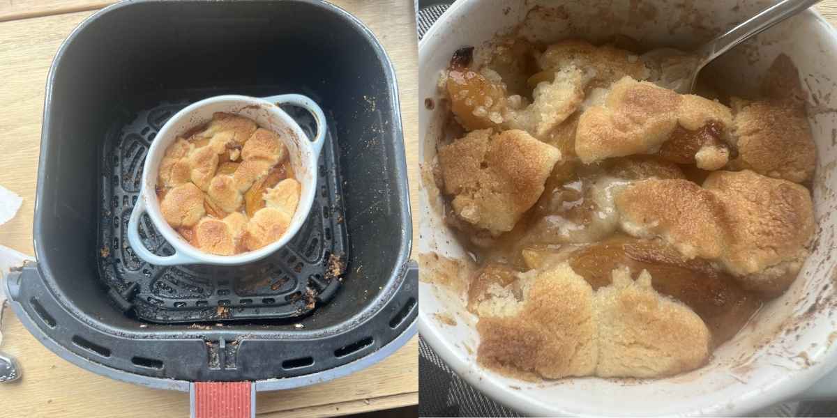 Finished air fryer peach cobbler. 