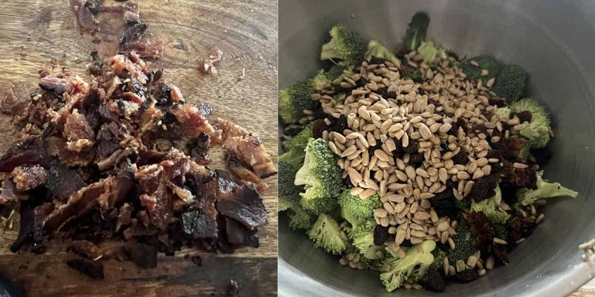 Chopped bacon and broccoli in a bowl. 