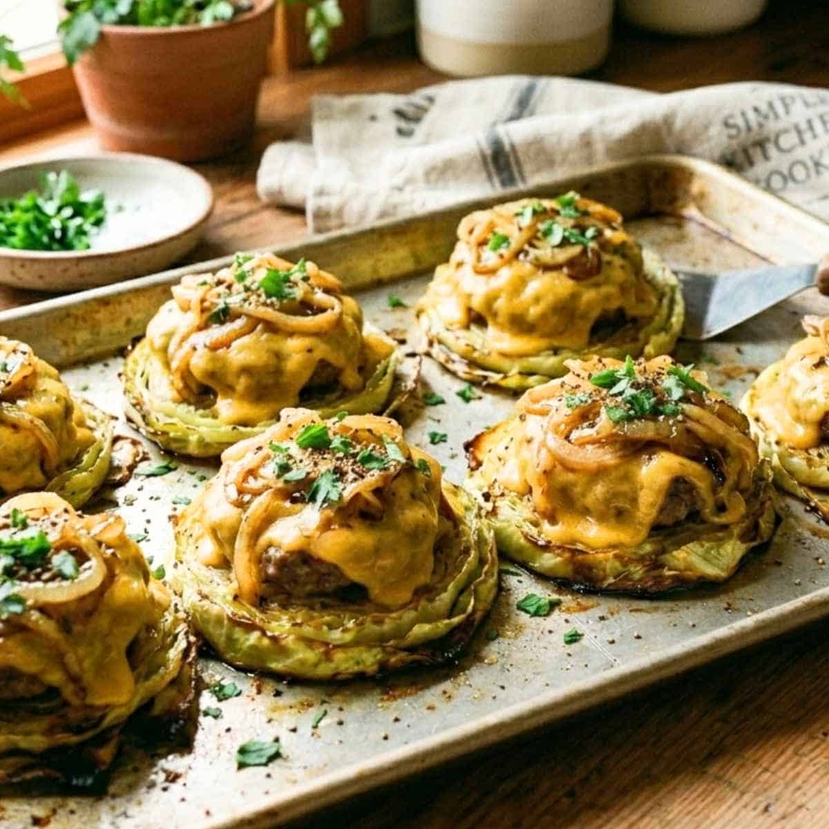 Cabbage burger recipe topped with cooked onions.