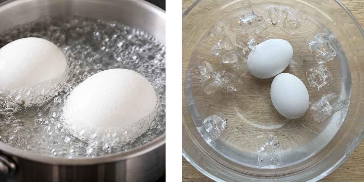Boiled eggs in ice water bath.