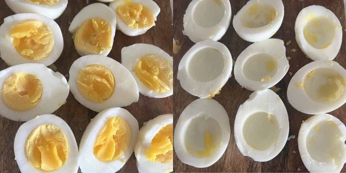 Yolks removed from hard boiled eggs.