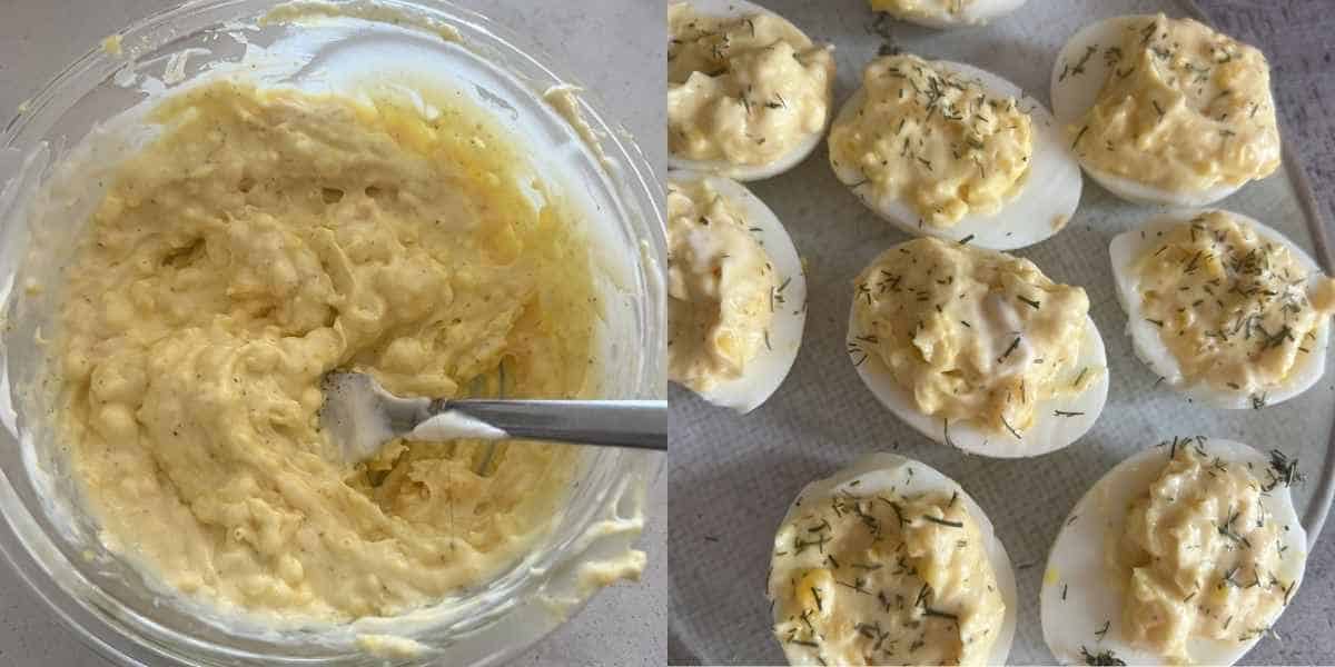 Deviled eggs topped with filling.