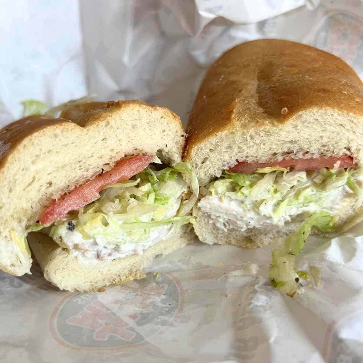 Jersey Mikes chick salad on a hoagie roll.