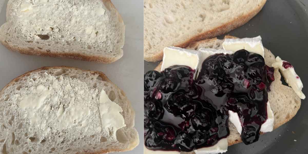 Butter spread on blueberry grilled cheese. 