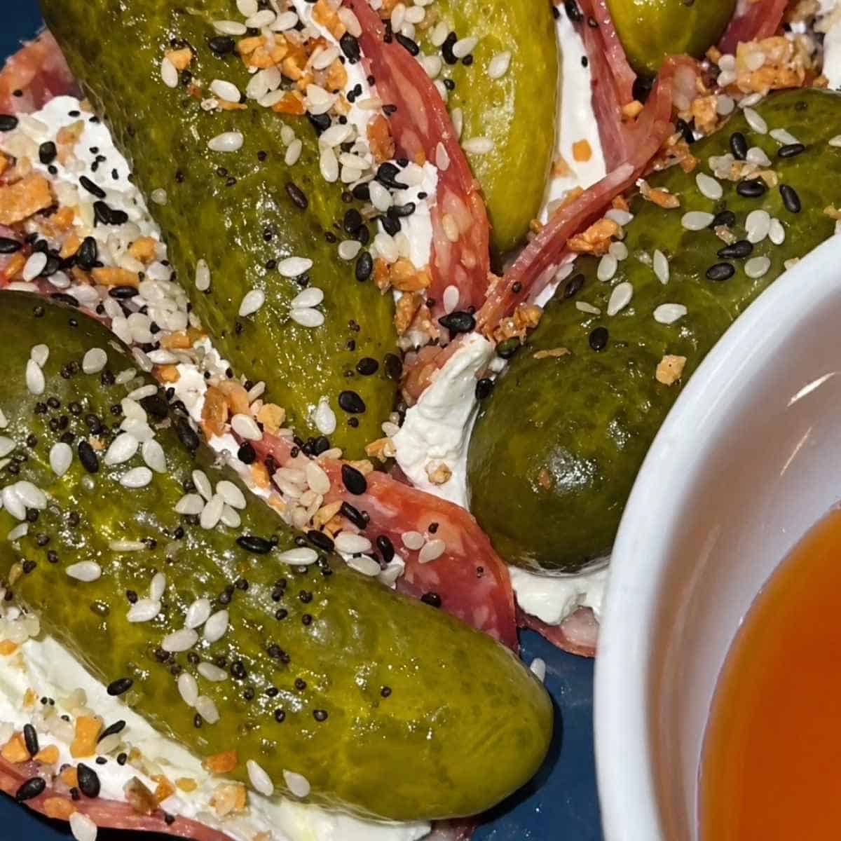 Salami and Cream Cheese pickle tacos with everything bagel seasoning.