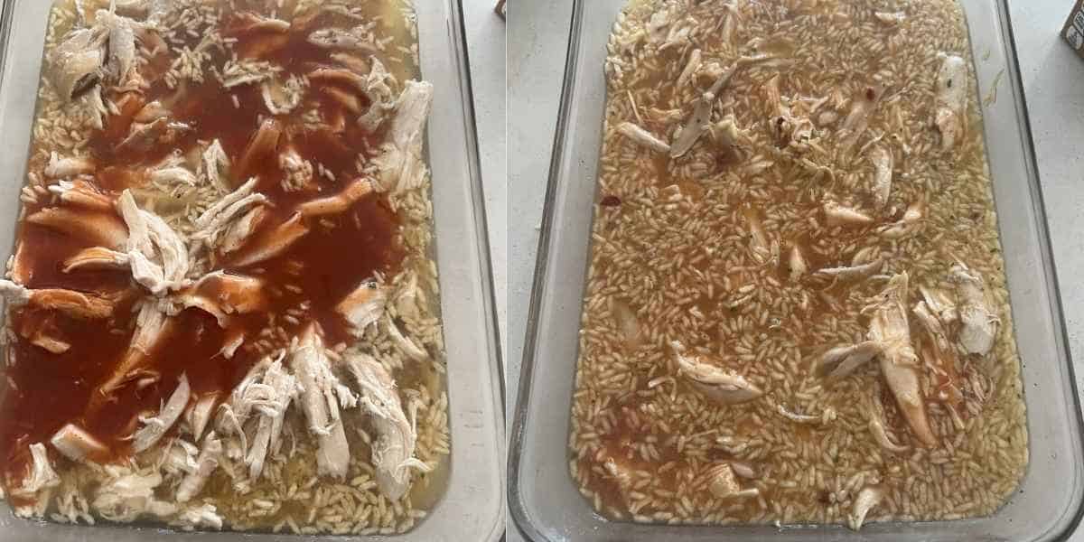 Rice and cooked chicken covered in chicken broth.