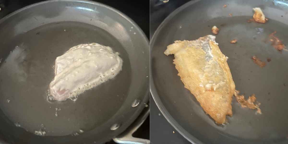 Walleye frying in a pan.