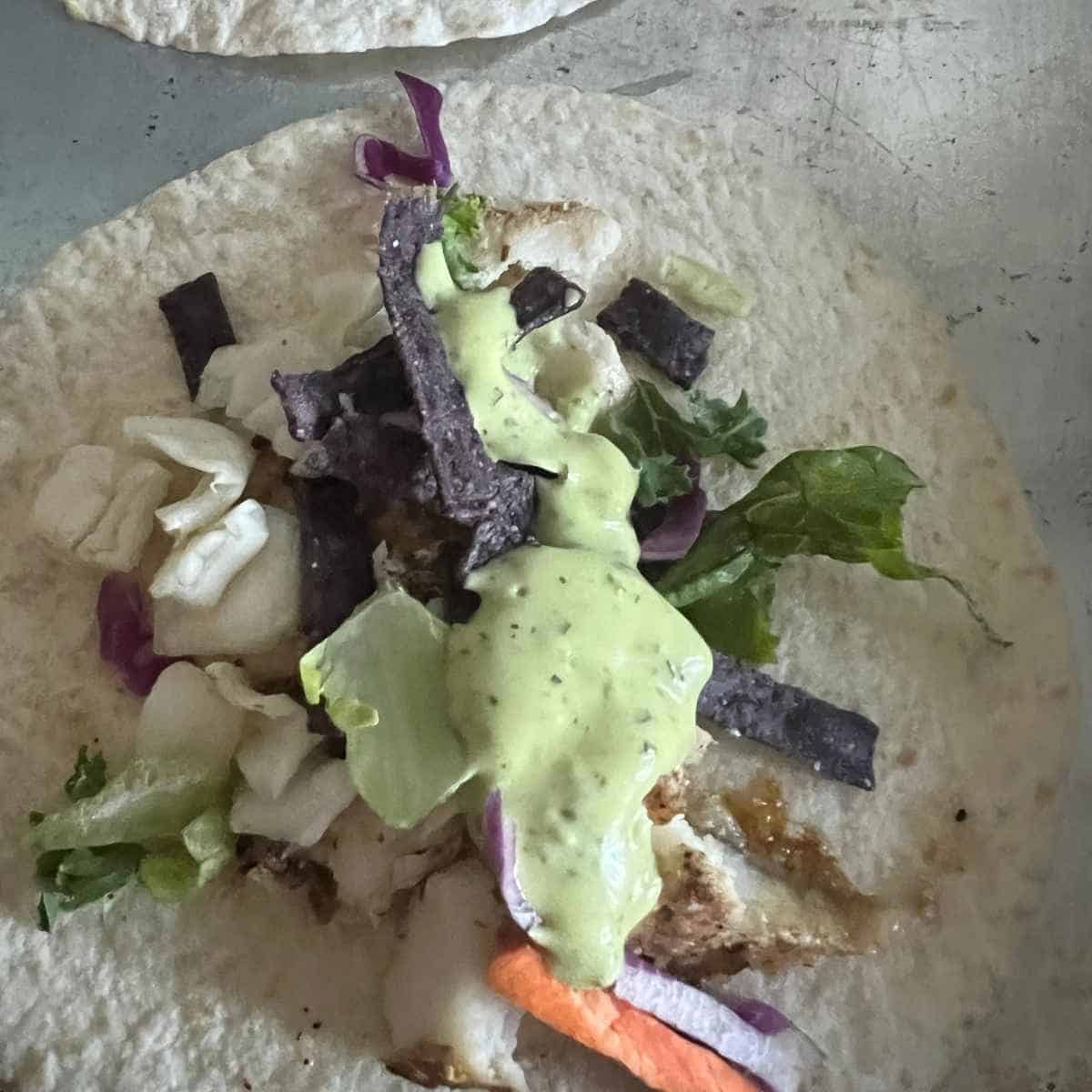 Walleye Fish tacos with avoacdo dressing.