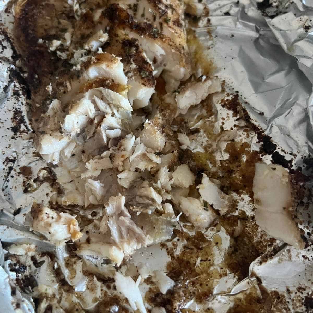 Flaked fish in foil.