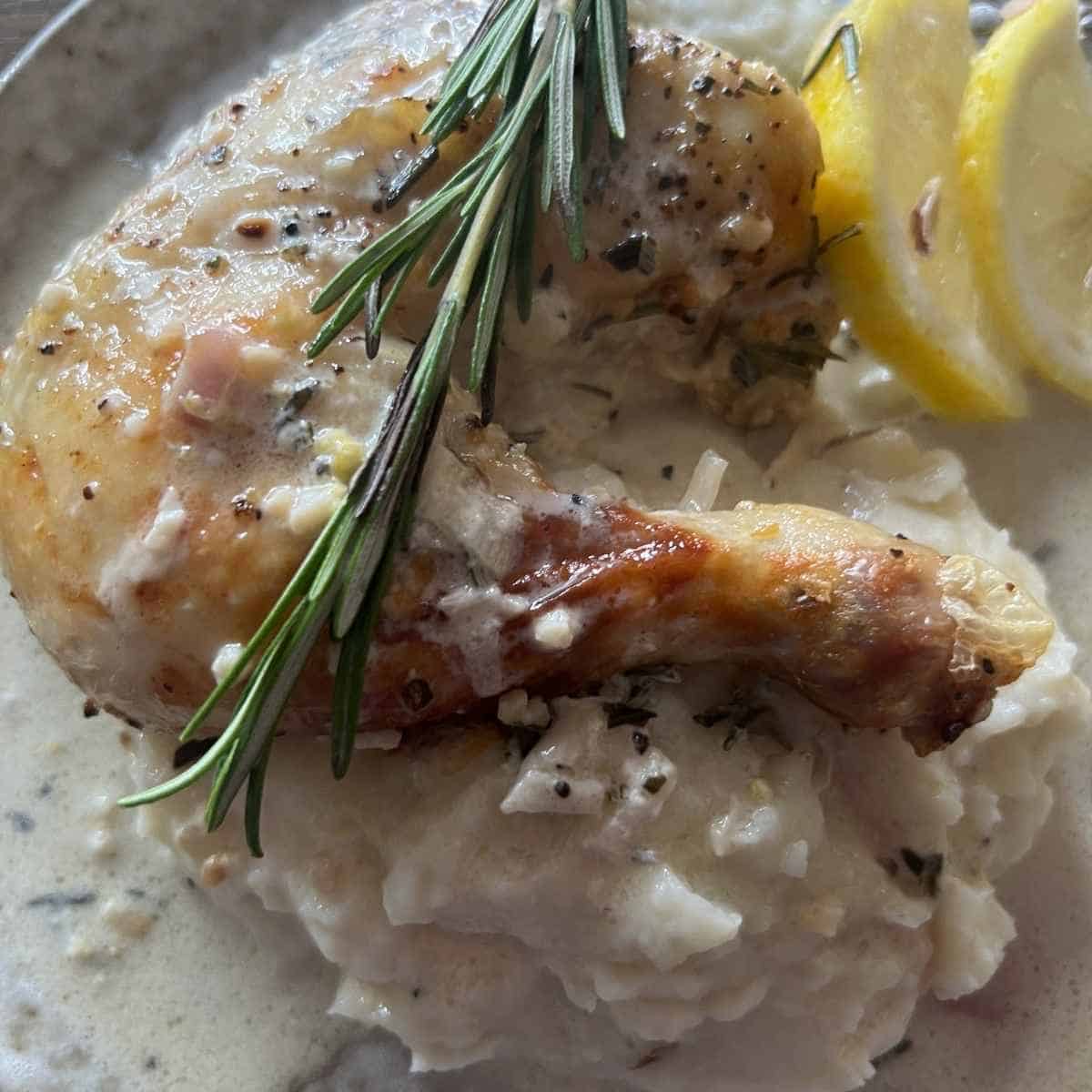 Chicken au poivre with mashed potatoes.