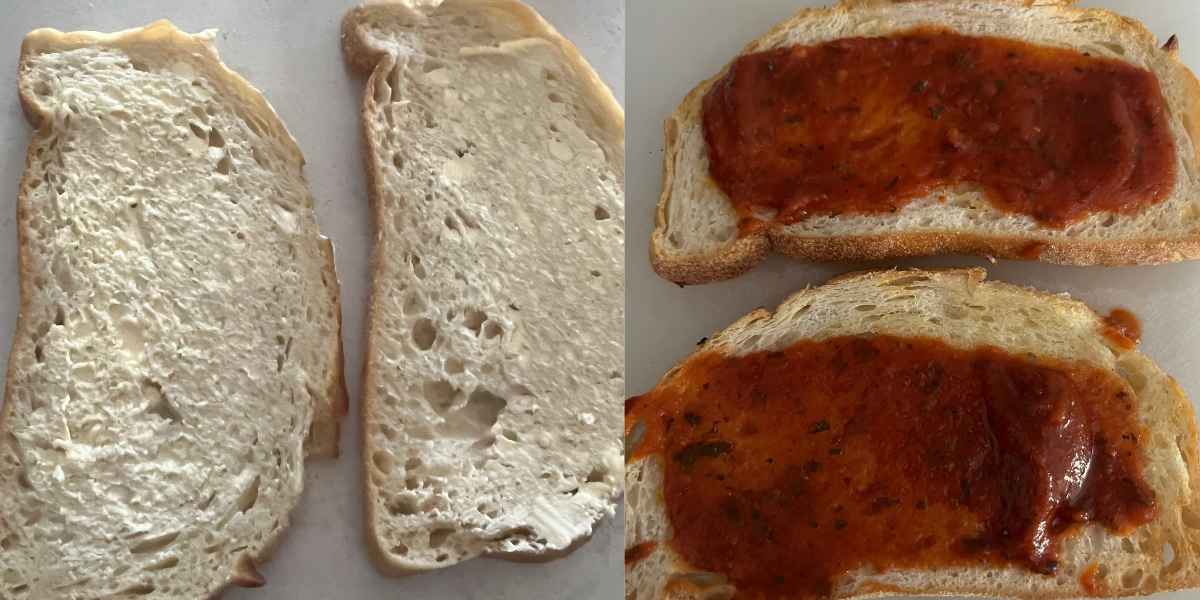 Pizza sauce on sour dough bread.