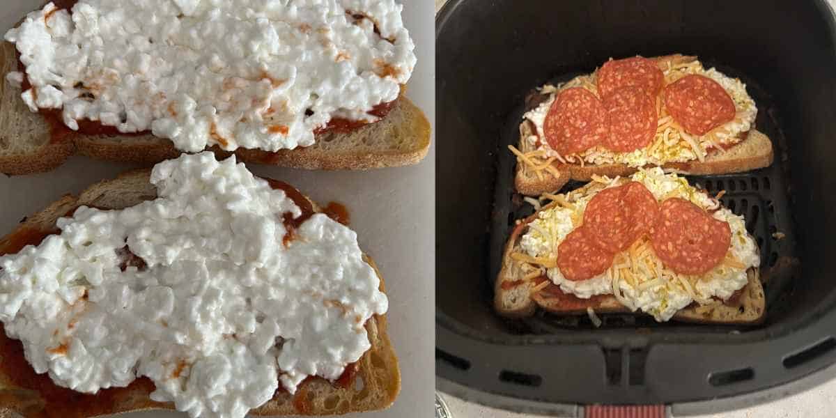 Cottage cheese and pizza toppings on sour dough bread.