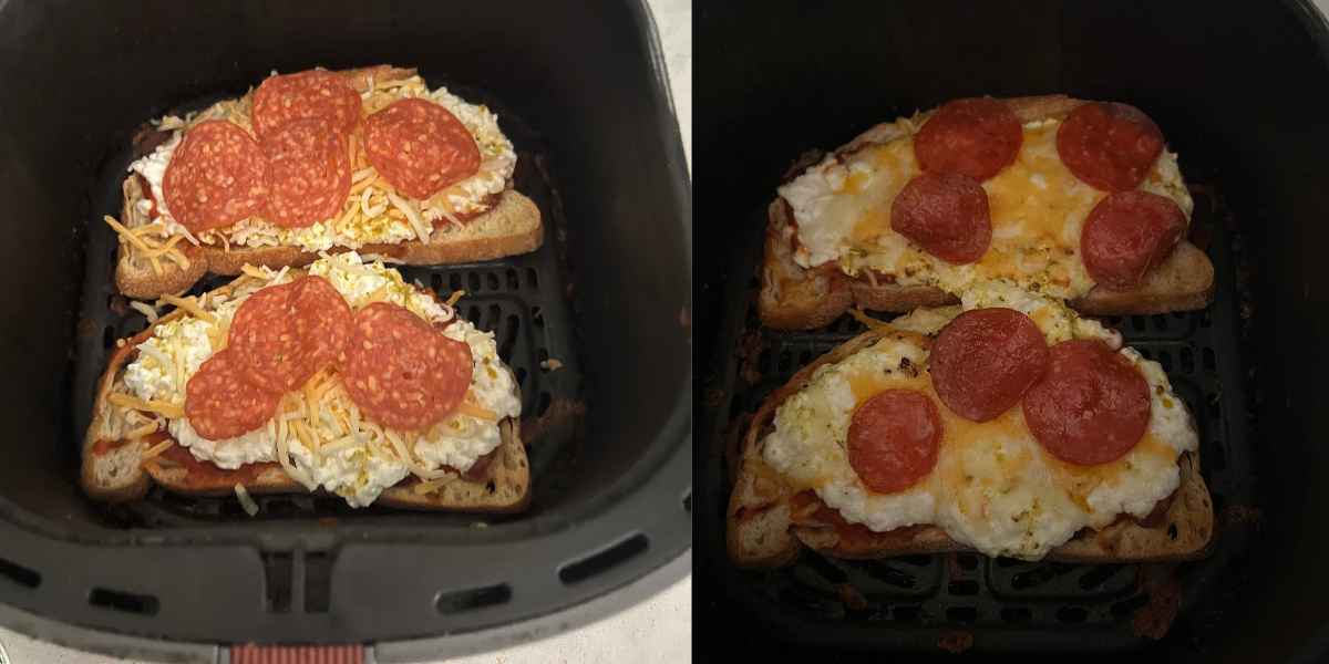 Air fried cottage cheese toast with pizza toppings.