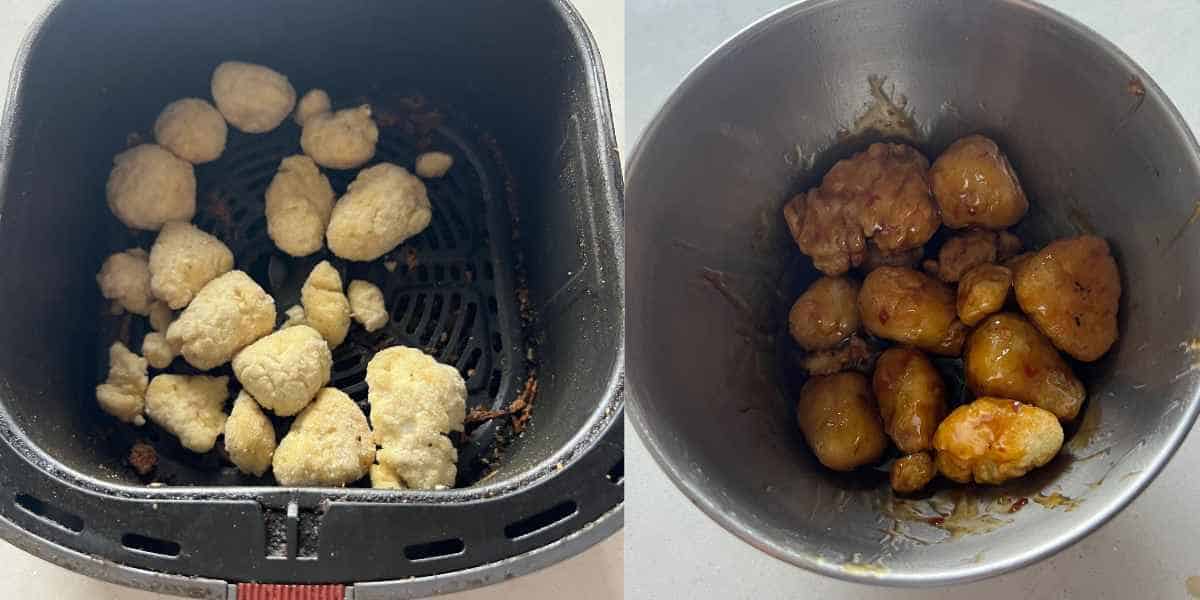 Air fried breaded chicken mixed with sauce.