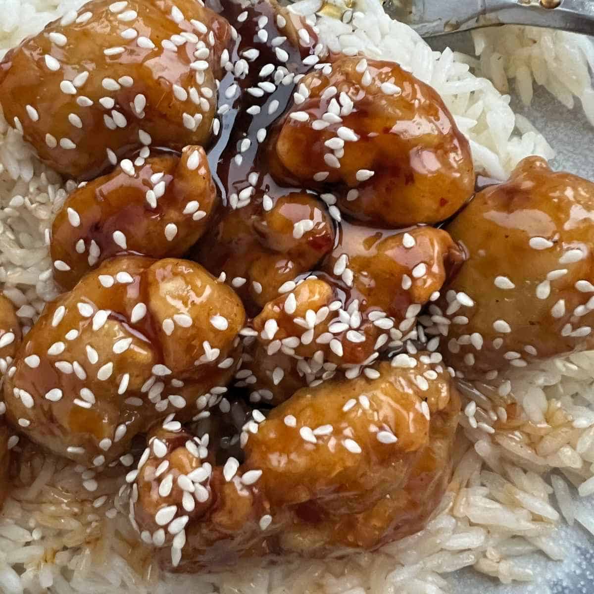 Air fryer general tso's chicken with rice.