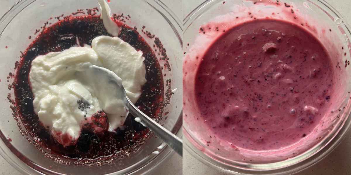 Berries, chia seeds, and yogurt in a bowl.