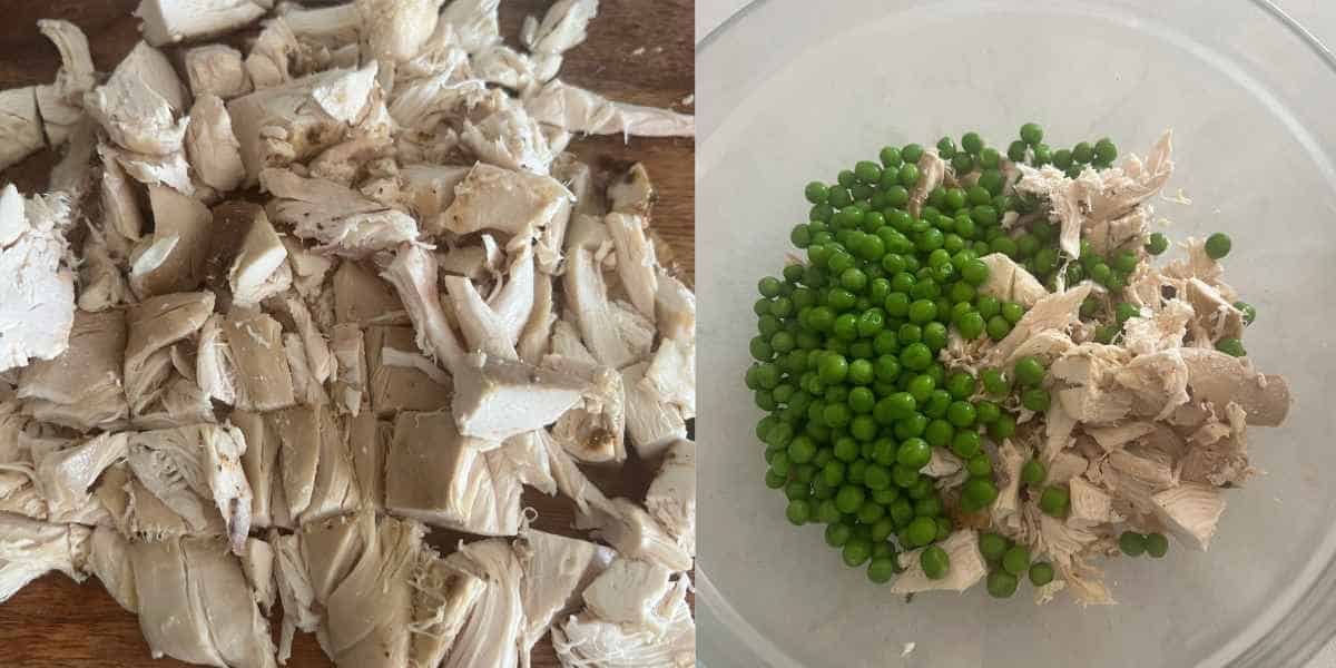 Chicken and peas in a bowl.