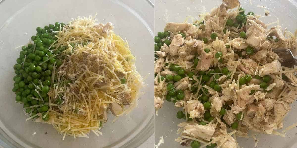 Chicken and pea salad ingredients mixed together in a bowl.